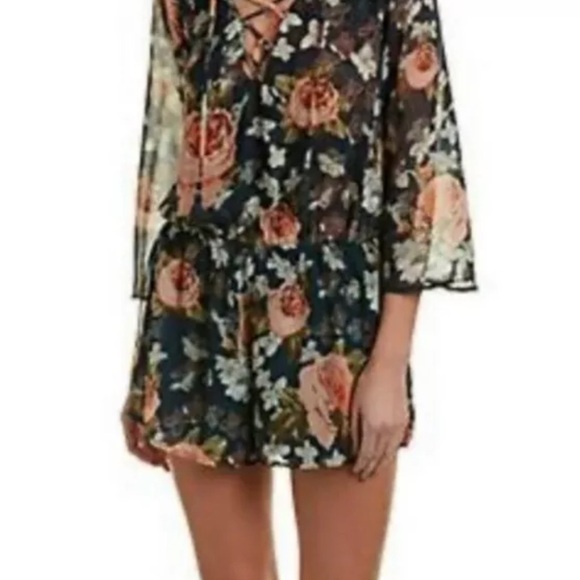 Show Me Your Mumu TILLIE TIE size X- Small Floral Romper Keyhole Back Navy Blue - Picture 2 of 12